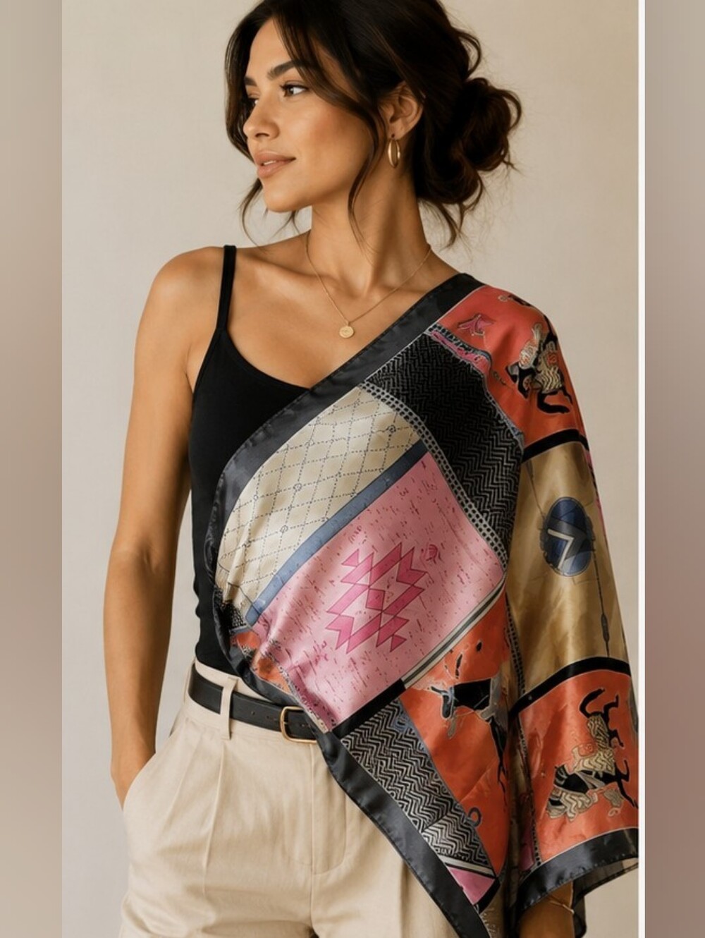 NEW 35” Southwestern Boho Patchwork Silky Square Scarf
